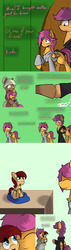 Size: 1500x5250 | Tagged: safe, artist:conmanwolf, scootaloo, oc, oc:lightning blitz, oc:sandy hooves, earth pony, pegasus, pony, comic:ask motherly scootaloo, g4, baby, baby pony, colt, comic, dialogue, factory scootaloo, female, hairpin, high res, holding a pony, male, mother and son, motherly scootaloo, offspring, older, older scootaloo, parent:rain catcher, parent:scootaloo, parents:catcherloo, self paradox, sweatshirt