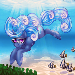 Size: 1000x1000 | Tagged: safe, artist:fur-what-loo, oc, oc only, oc:tidal wave, fish, pony, commission, cute, female, looking at you, mare, solo, sunlight, swimming, underwater, ych result