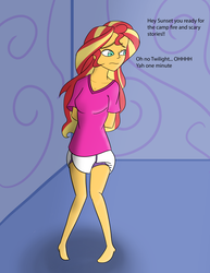 Size: 2550x3300 | Tagged: safe, artist:diaperednight, sunset shimmer, human, equestria girls, g4, breasts, diaper, female, high res, implied twilight sparkle, non-baby in diaper, offscreen character, solo