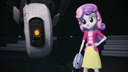 Size: 1920x1080 | Tagged: dead source, safe, artist:razethebeast, sweetie belle, equestria girls, g4, 3d, clothes, crossover, glados, looking at you, portal (valve), portal gun, smiling, source filmmaker, video game