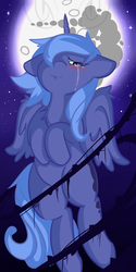 Size: 1000x2000 | Tagged: safe, artist:saralien, princess luna, pony, g4, blushing, female, mare in the moon, moon, s1 luna, sad, solo, stars