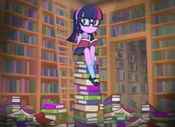 Size: 6095x4412 | Tagged: safe, artist:invisibleink, sci-twi, twilight sparkle, equestria girls, g4, absurd resolution, adorkable, book, bookshelf, bookworm, child, cute, dork, female, ladder, library, meganekko, solo, that human sure does love books, twiabetes, young, young sci-twi, younger