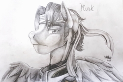 Size: 3242x2163 | Tagged: safe, artist:brainiac, pegasus, pony, bust, crossover, high res, hunk, male, monochrome, portrait, solo, stallion, traditional art, voltron