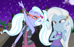Size: 872x550 | Tagged: safe, artist:themexicanpunisher, sugarcoat, trixie, equestria girls, equestria girls specials, g4, my little pony equestria girls: dance magic, agnieszka fajlhauer, city, clothes, dancing, duo, eyes closed, full moon, moon, night, polish, smiling, stars, vector, voice actor joke