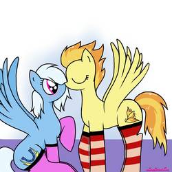Size: 1415x1415 | Tagged: safe, artist:vinviasshine, fleetfoot, spitfire, pegasus, pony, g4, alternate hairstyle, blushing, clothes, duo, duo female, eyes closed, female, fleetfire, kissing, lesbian, mare, shipping, socks, spread wings, striped socks, wingboner, wings