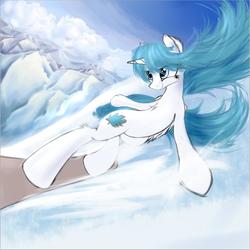 Size: 1193x1193 | Tagged: safe, artist:aurelleah, oc, oc only, oc:apricity, alicorn, pony, alicorn oc, cloud, cute, mountain, mountain range, painting, snow, snowboarding, solo, standing, wip