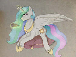 Size: 960x720 | Tagged: safe, artist:cottonaime, princess celestia, alicorn, pony, g4, cake, cakelestia, colored sketch, female, food, grin, horn, looking at you, magic, mare, prone, sketch, smiling, solo, traditional art, wings