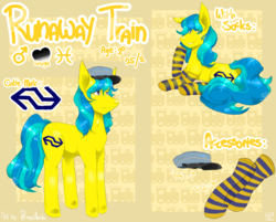 Size: 1273x1024 | Tagged: safe, artist:princehoshi, derpibooru exclusive, oc, oc only, oc:runaway train, pony, cap, clothes, hat, male, reference sheet, simple background, socks, solo, stallion, striped socks, yellow background