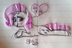 Size: 2411x1590 | Tagged: safe, artist:binkyt11, derpibooru exclusive, rarity, pony, unicorn, g4, blushing, female, heart, lined paper, mare, prone, solo, speech bubble, traditional art