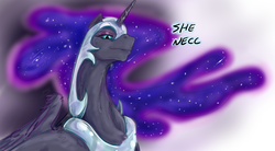 Size: 1343x743 | Tagged: safe, artist:testostepone, nightmare moon, alicorn, pony, g4, bust, colored sketch, female, necc, portrait, solo