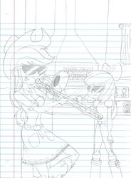 Size: 1513x2054 | Tagged: safe, artist:haleyc4629, apple bloom, applejack, equestria girls, g4, duo, female, kitchen, lined paper, musical instrument, parody, sisters, sketch, sunglasses, traditional art, trombone, vine video, when granny smith ain't home, when mama isn't home