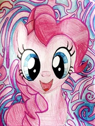 Size: 750x995 | Tagged: safe, artist:project-parallel, pinkie pie, earth pony, pony, g4, abstract background, female, looking at you, mare, smiling, solo, traditional art