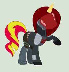 Size: 436x452 | Tagged: safe, artist:everythingf4ngirl, sunset shimmer, pony, unicorn, g4, arkham knight, armor, batman, batman: under the red hood, boots, dc comics, female, gray background, helmet, hood, jason todd, mare, mask, red hood, shoes, simple background, solo
