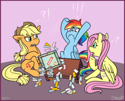 Size: 1080x873 | Tagged: safe, artist:espeonna, applejack, fluttershy, rainbow dash, pony, g4, exclamation point, frown, interrobang, monopoly, question mark, rage quit, redraw, sore loser, table flip