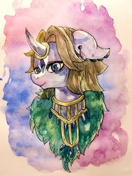 Size: 3024x4032 | Tagged: safe, artist:awk44, oc, oc only, oc:velvet, pony, unicorn, bust, ear piercing, earring, female, floppy ears, high res, horn, horn ring, jewelry, looking at you, mare, necklace, piercing, portrait, solo, traditional art, unicorn oc, watercolor painting