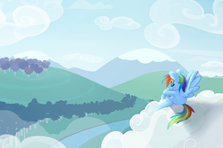Size: 1080x720 | Tagged: safe, artist:tigra0118, rainbow dash, pegasus, pony, g4, cloud, eyes closed, female, mare, mountain, on a cloud, sitting, sitting on a cloud, sky, solo, spread wings, wings