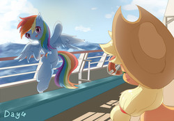 Size: 1440x1000 | Tagged: safe, artist:irenla, applejack, rainbow dash, earth pony, pegasus, pony, g4, cowboy hat, cruise, cute, dashabetes, female, hat, jackabetes, lesbian, looking back, mare, multicolored hair, ship:appledash, shipping, smiling, stetson, water