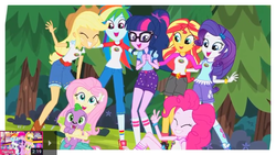 Size: 854x480 | Tagged: safe, screencap, applejack, fluttershy, pinkie pie, rainbow dash, rarity, sci-twi, spike, spike the regular dog, sunset shimmer, twilight sparkle, alicorn, dog, equestria girls, g4, my little pony equestria girls: legend of everfree, my little pony: the movie, boots, camp everfree outfits, clothes, converse, cowboy hat, eyes closed, glasses, hat, high heel boots, humane five, humane seven, humane six, legs, mane six, meme, pants, puppy, shoes, shorts, sleeveless, smiling, socks, twilight sparkle (alicorn)