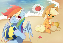 Size: 1440x1000 | Tagged: safe, artist:irenla, applejack, rainbow dash, earth pony, pegasus, pony, g4, apple, beach, beach ball, cowboy hat, cute, dashabetes, female, food, hat, jackabetes, lesbian, mare, multicolored hair, sand, ship:appledash, shipping, stetson, that pony sure does love apples, thought bubble, water