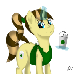 Size: 1000x1000 | Tagged: dead source, safe, artist:afterman, oc, oc only, oc:java chip, pony, unicorn, apron, clothes, coffee, levitation, magic, smiling, telekinesis