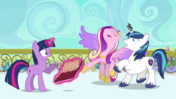 Size: 1280x720 | Tagged: safe, screencap, princess cadance, shining armor, twilight sparkle, alicorn, pony, unicorn, g4, the crystal empire, great moments in animation, horn, horn crystals, levitation, magic, sisters-in-law, telekinesis, unicorn twilight, wuuh