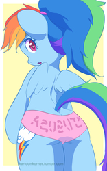 Size: 882x1411 | Tagged: safe, alternate version, artist:grissaecrim, rainbow dash, pegasus, semi-anthro, g4, butt, clothes, cutie mark, female, looking at you, looking back, looking back at you, multicolored hair, open mouth, panties, pink underwear, plot, ponytail, rear view, solo, underwear, wings