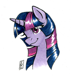 Size: 674x726 | Tagged: safe, artist:valkyrie-girl, twilight sparkle, alicorn, pony, g4, bust, female, mare, portrait, signature, simple background, smiling, solo, white background