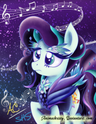Size: 1024x1325 | Tagged: safe, artist:animechristy, coloratura, earth pony, pony, g4, clothes, countess coloratura, cutie mark, female, galaxy, mare, music notes, raised hoof, rara, solo