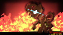 Size: 1920x1080 | Tagged: safe, artist:flamerfirefly, sunset shimmer, pony, unicorn, g4, 3d, female, fiery shimmer, fire, glowing eyes, looking back, mare, raised hoof, rear view, solo, source filmmaker, upset