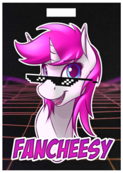 Size: 774x1085 | Tagged: safe, artist:fanch1, oc, oc only, oc:cheesy-shades, pony, unicorn, badge, bust, deal with it, female, glasses, looking at you, mare, solo, sunglasses, swag glasses
