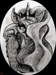 Size: 900x1211 | Tagged: safe, artist:inuhoshi-to-darkpen, princess luna, pony, g4, female, hair over one eye, looking at you, mare, monochrome, solo, traditional art