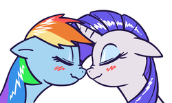 Size: 726x437 | Tagged: artist needed, safe, rainbow dash, rarity, pegasus, pony, unicorn, g4, blushing, eyes closed, female, lesbian, mare, nose to nose, nose wrinkle, ship:raridash, shipping