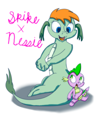 Size: 2014x2497 | Tagged: safe, artist:chiptunebrony, spike, dragon, g4, crack shipping, crossover, cursive writing, disney, high res, loch ness monster, looking at each other, looking down, looking up, nessie, on back, on floor, open mouth, shadow, shipping, smiling, spessie, the ballad of nessie