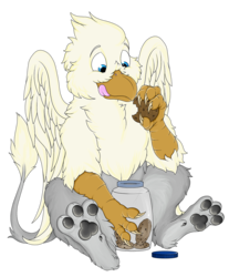 Size: 1000x1205 | Tagged: safe, artist:ruster, oc, oc only, oc:der, griffon, cookie, food, paw pads, paws, simple background, that griffon sure "der"s love cookies, transparent background, underpaw