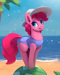 Size: 842x1050 | Tagged: safe, artist:rodrigues404, pinkie pie, earth pony, pony, g4, beach, clothes, cute, diapinkes, female, hat, looking at you, mare, one-piece swimsuit, palm tree, smiling, solo, sun hat, swimsuit, tree, water