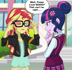Size: 820x800 | Tagged: safe, artist:ta-na, edit, sci-twi, sunset shimmer, twilight sparkle, equestria girls, g4, my little pony equestria girls: friendship games, dragon ball, over 9000