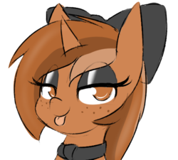 Size: 479x432 | Tagged: safe, artist:rice, oc, oc only, oc:sign, pony, unicorn, bow, bust, female, freckles, hair bow, lidded eyes, looking at you, necktie, simple background, solo, tongue out, transparent background