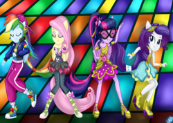 Size: 2600x1850 | Tagged: safe, artist:liniitadash23, part of a set, fluttershy, rainbow dash, rarity, sci-twi, twilight sparkle, dance magic, equestria girls, equestria girls specials, g4, boots, clothes, converse, dancing, eyes closed, group, high heel boots, ponied up, rapper dash, sci-twilicorn, shoes, show accurate, smiling