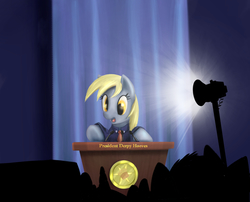 Size: 1120x907 | Tagged: dead source, safe, artist:stratodraw, derpy hooves, pony, g4, audience, clothes, female, mare, president, silhouette, smiling, solo focus