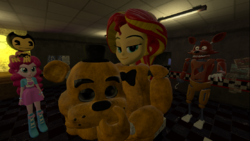 Size: 709x399 | Tagged: safe, artist:sky chaser, pinkie pie, sunset shimmer, equestria girls, g4, 3d, animatronic, bendy, bendy and the ink machine, crossover, five nights at freddy's, foxy, golden freddy, source filmmaker