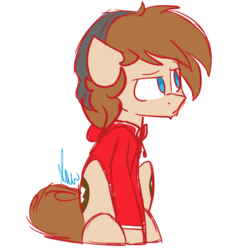 Size: 2048x2048 | Tagged: safe, artist:vanillashineart, oc, oc only, oc:zone blitz, pony, beanie, bottomless, clothes, cute, facial hair, grumpy, hat, high res, hoodie, male, partial nudity, sitting, solo
