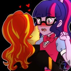 Size: 800x800 | Tagged: safe, artist:zeldaprincessgirl100, sci-twi, sunset shimmer, twilight sparkle, equestria girls, g4, blushing, clothes, cute, female, glasses, heart, imminent kissing, jacket, leather jacket, lesbian, open mouth, ship:sci-twishimmer, ship:sunsetsparkle, shipping, twiabetes