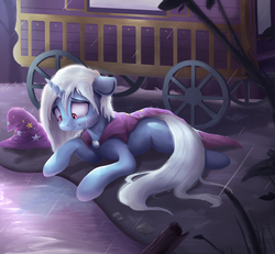 Size: 1500x1387 | Tagged: safe, artist:vanillaghosties, trixie, pony, unicorn, g4, cape, clothes, crying, female, floppy ears, hat, house of glass, mare, rain, sad, solo, the sad and depressive trixie, trixie's cape, trixie's hat, trixie's wagon, wagon, wavy mouth