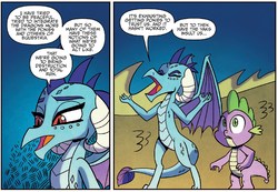 Size: 1294x895 | Tagged: safe, artist:agnesgarbowska, idw, official comic, princess ember, spike, dragon, g4, wings over yakyakistan, spoiler:comic, spoiler:comic56, dragoness, female, male