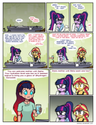 Size: 752x976 | Tagged: safe, artist:crydius, sci-twi, sunset shimmer, twilight sparkle, oc, oc:gamma, android, comic:meet gamma, equestria girls, g4, bed hair, clothes, comic, female, gradient hair, lab coat, lesbian, magical lesbian spawn, offspring, oh crap face, parent:sci-twi, parent:sunset shimmer, parents:scitwishimmer, scientific lesbian spawn, ship:sci-twishimmer, ship:sunsetsparkle, shipping