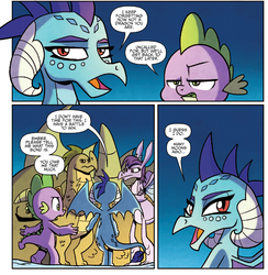 Size: 1360x1391 | Tagged: safe, idw, official comic, amarant, princess ember, prominence, scorchy, spike, dragon, g4, wings over yakyakistan, spoiler:comic, spoiler:comic56, exposition