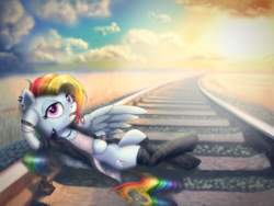 Size: 4800x3600 | Tagged: safe, artist:helmie-art, rainbow dash, pegasus, pony, g4, absurd resolution, alternate hairstyle, clothes, ear piercing, female, jacket, looking at you, mare, multicolored hair, piercing, punk, railroad, solo, stockings, thigh highs