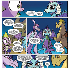 Size: 1400x1310 | Tagged: safe, idw, official comic, amarant, princess ember, prominence, scorchy, spike, dragon, g4, wings over yakyakistan, spoiler:comic, spoiler:comic56, diplomacy, paranoid