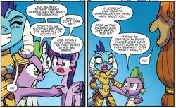 Size: 1297x794 | Tagged: safe, artist:agnesgarbowska, idw, official comic, prince rutherford, princess ember, rarity, spike, twilight sparkle, alicorn, dragon, pony, yak, g4, wings over yakyakistan, spoiler:comic, spoiler:comic56, dragon armor, pointing, twilight sparkle (alicorn), wingless