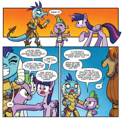 Size: 1371x1321 | Tagged: safe, idw, official comic, prince rutherford, princess ember, rarity, spike, twilight sparkle, alicorn, dragon, pony, yak, g4, wings over yakyakistan, spoiler:comic, spoiler:comic56, dragon armor, pointing, twilight sparkle (alicorn), wingless